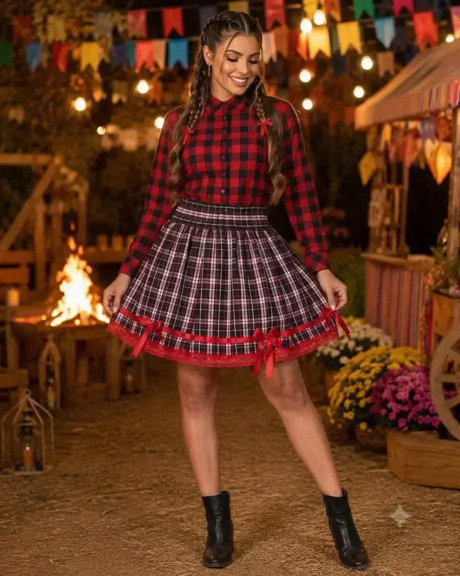 Saia junina adulta xadrez renda vermelho