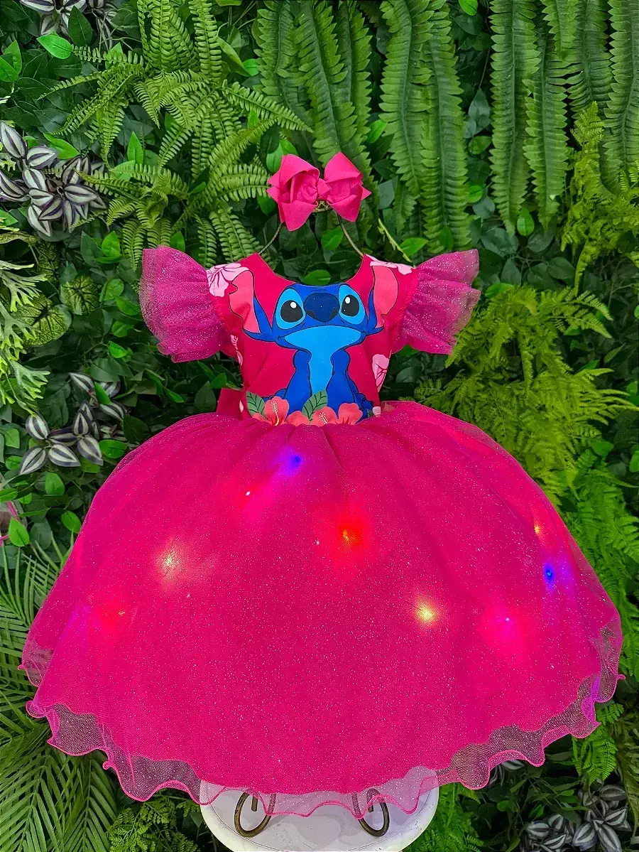 Vestido festa Lilo Stitch pink com led, foto 4