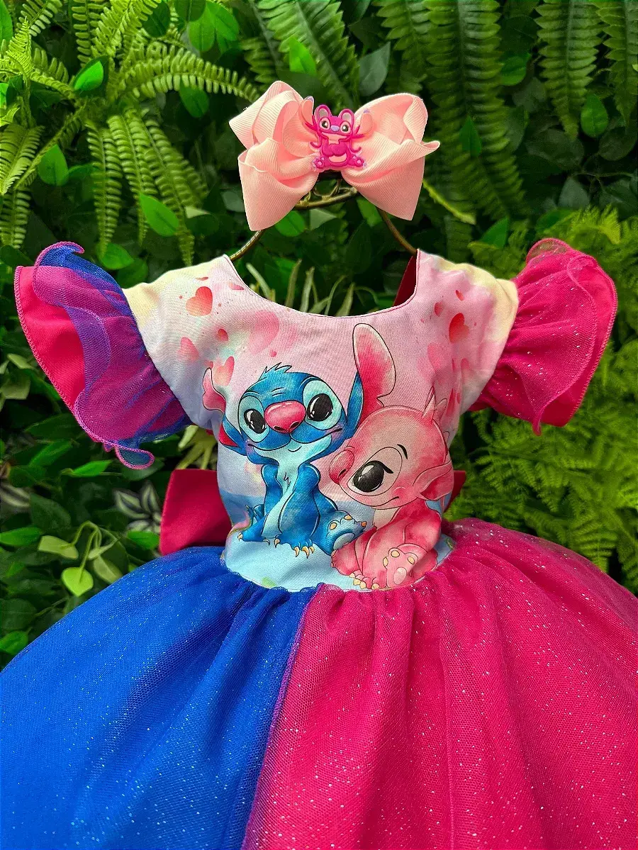 Vestido festa Lilo Stitch pink azul com led, foto 6