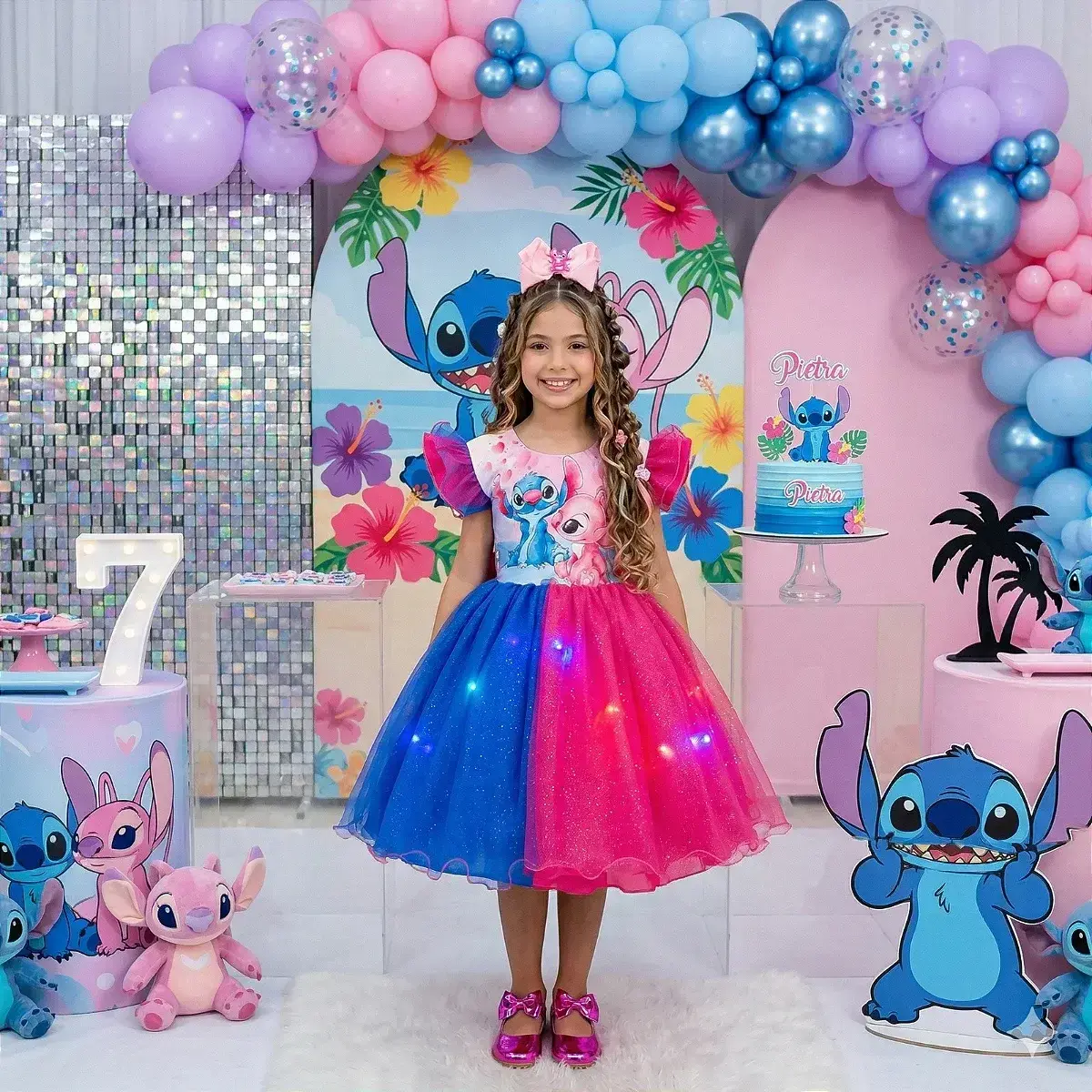 Vestido festa Lilo Stitch pink azul com led
