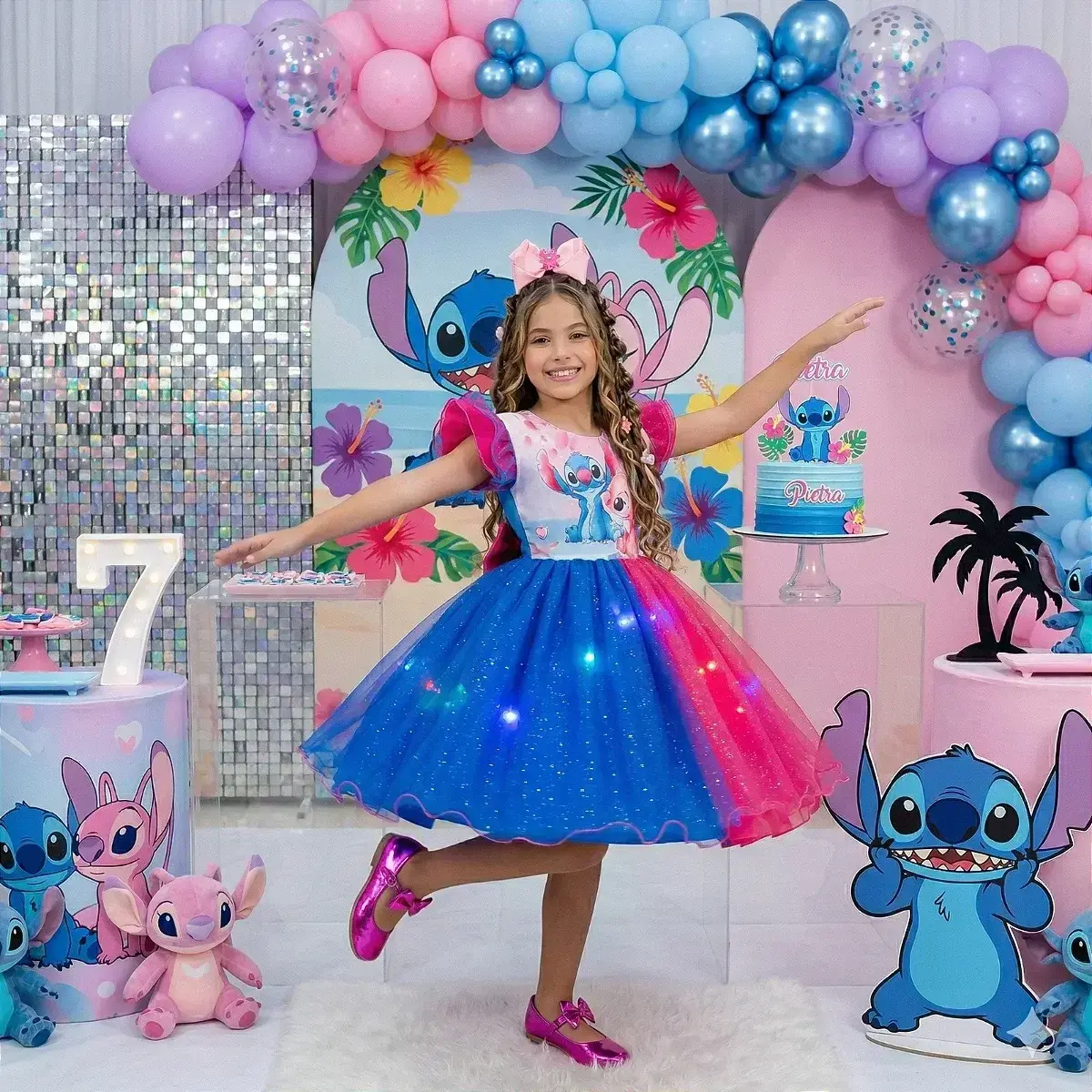 Vestido festa Lilo Stitch pink azul com led, foto 2