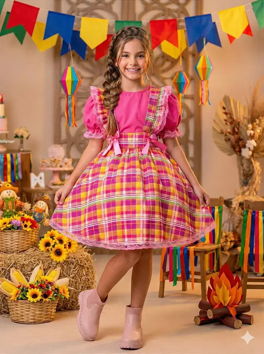 Vestido junino salopete festa arráia da fofura