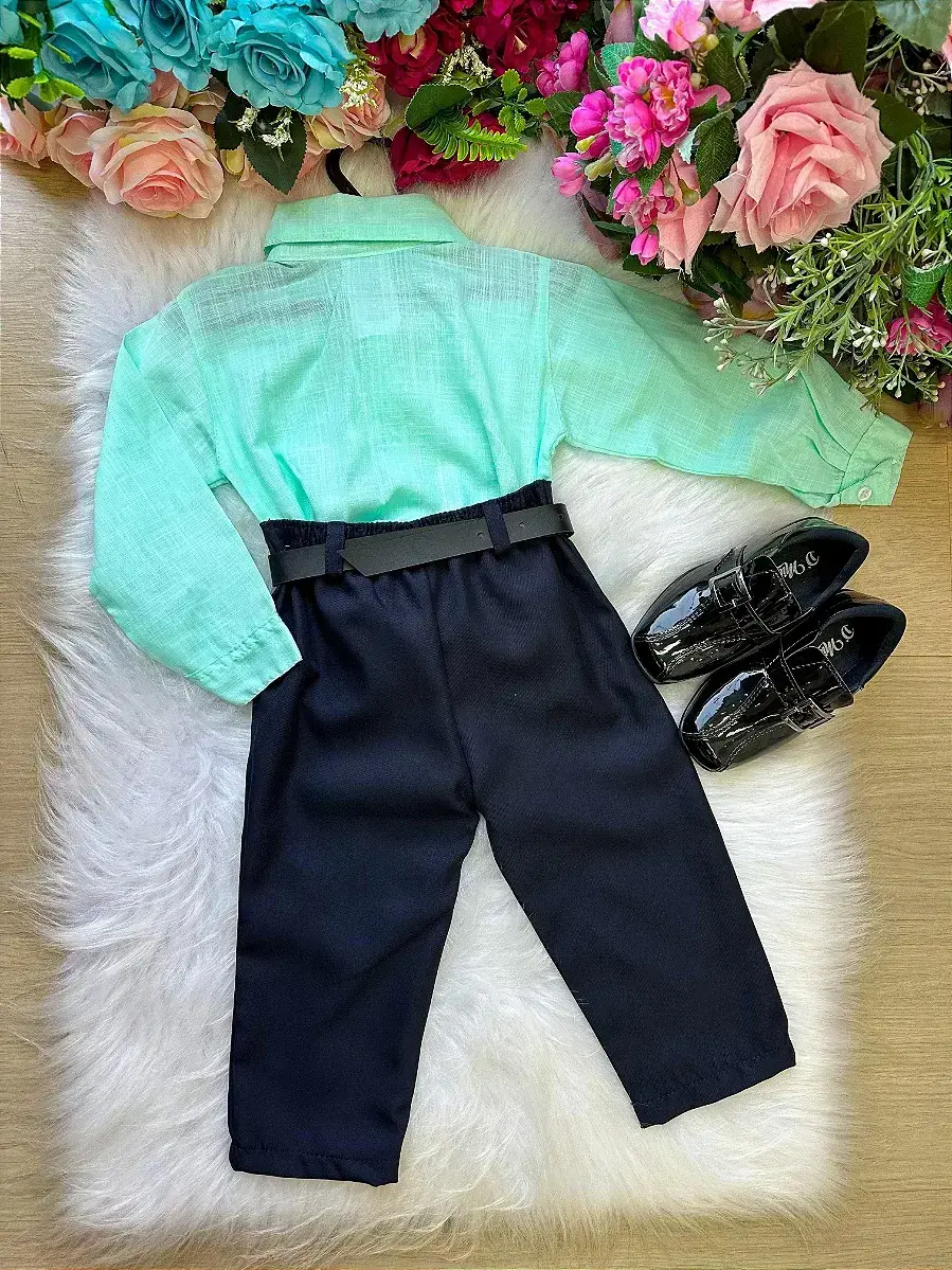 Conjunto masculino social verde linho com calça preta, foto 3