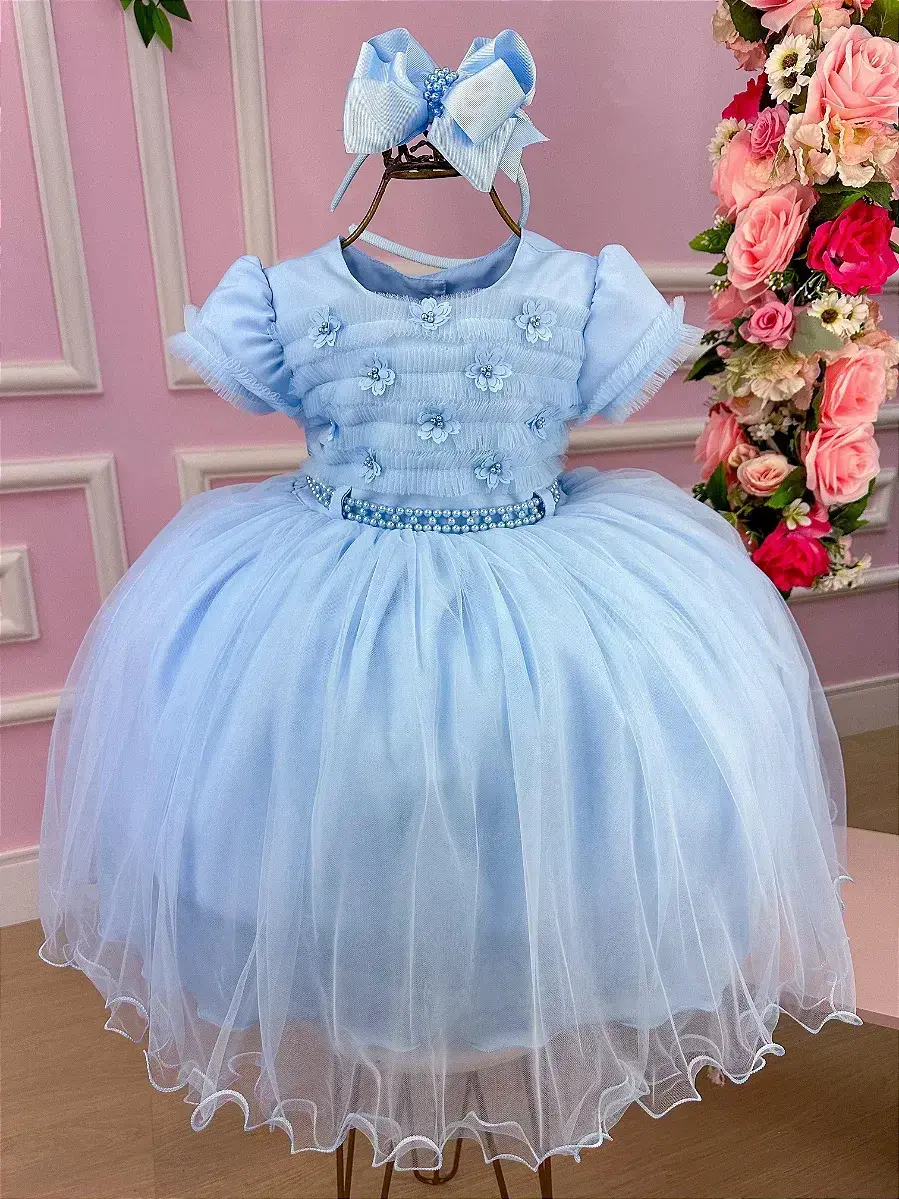 Vestido azul florzinha peito tule